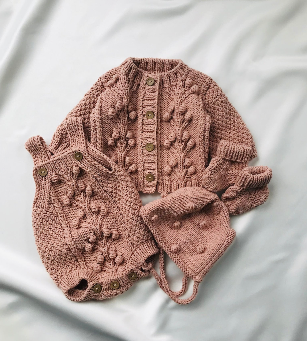 Hand Knit Baby Set: Cotton Cardigan, Romper, Bonnet & Socks