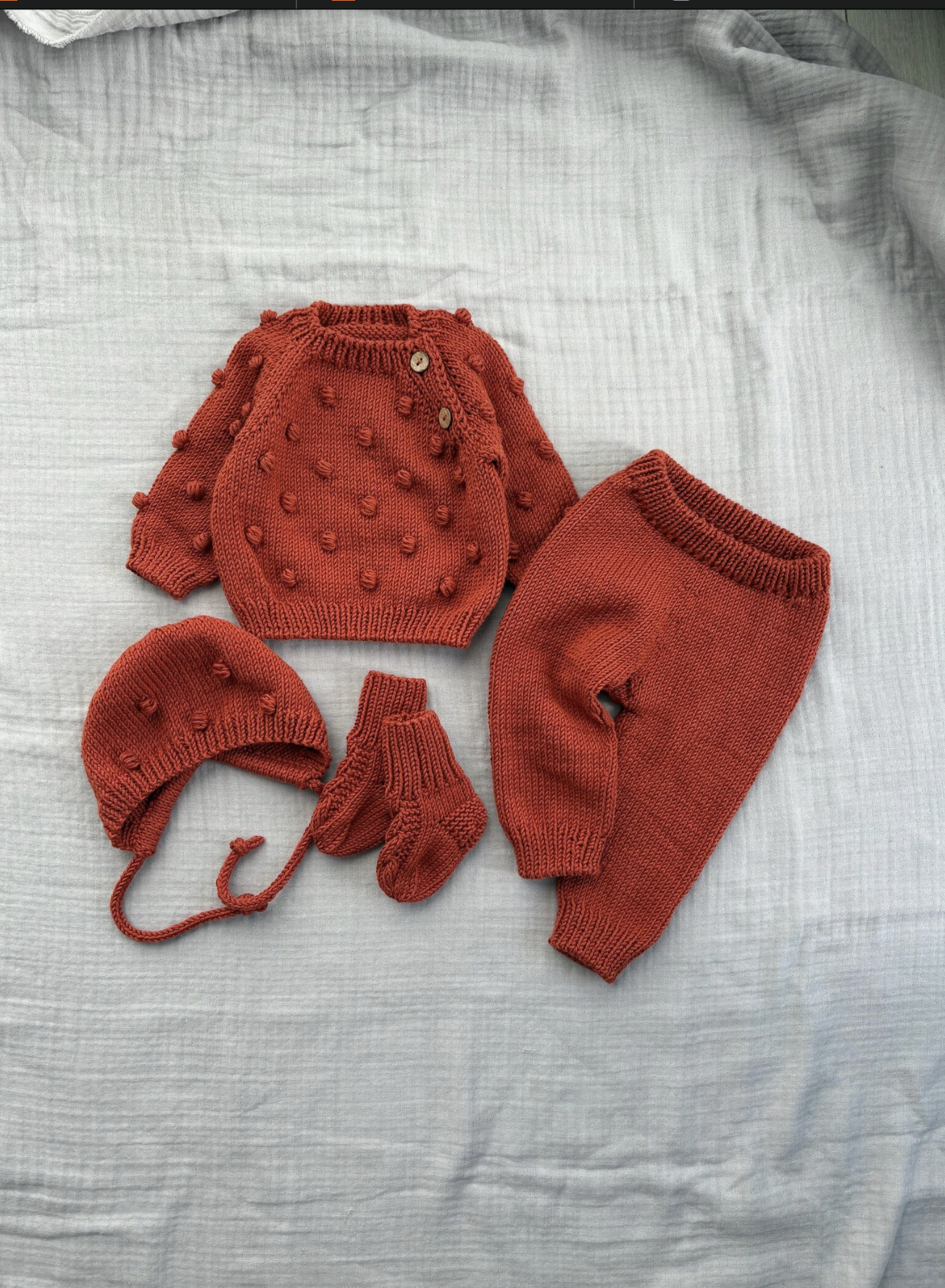 Hand Knitted Rust Baby Outfit Set: Sweater, Pants, Bonnet & Booties 0-3 months