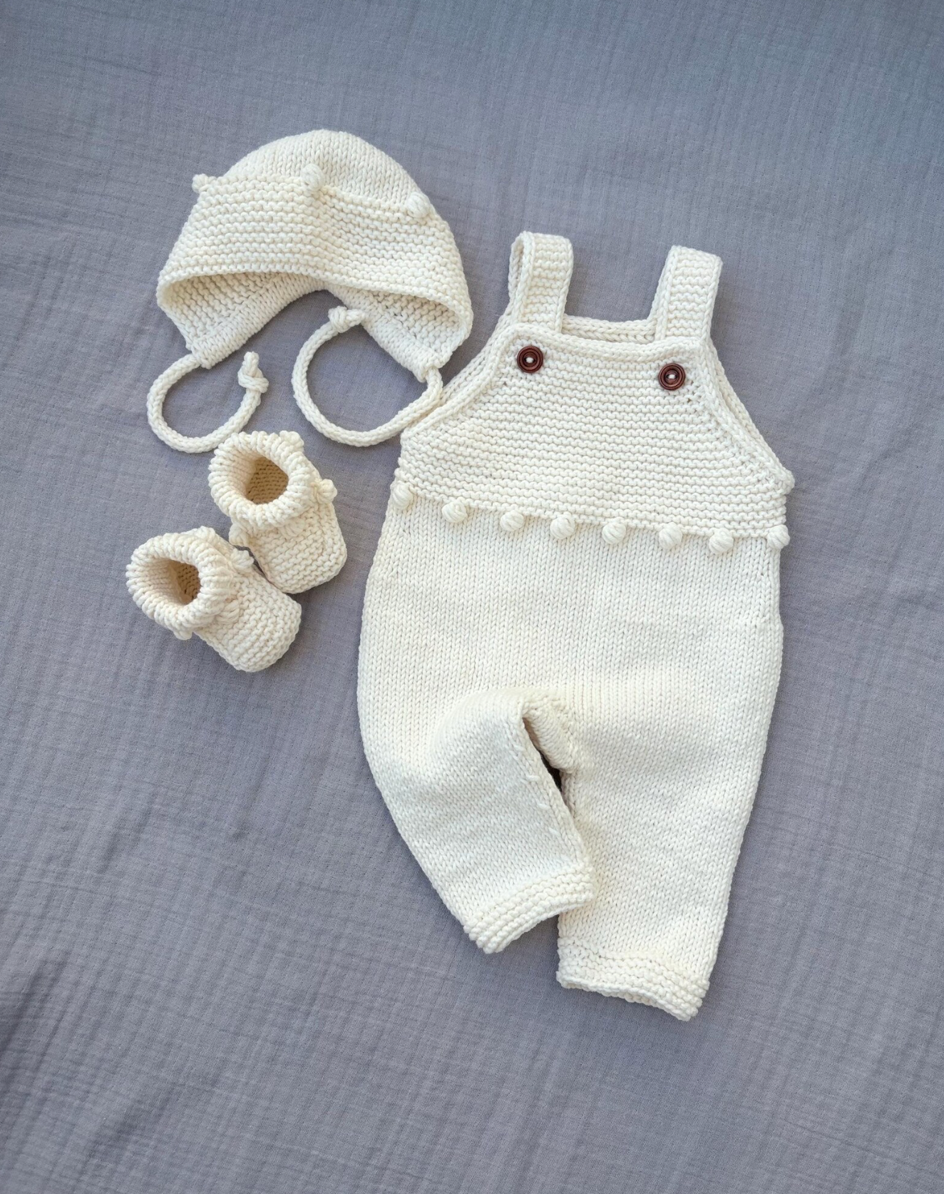 Hand Knitted Baby Outfit: Jumpsuit, Bonnet &amp; Booties (0-12 Months)