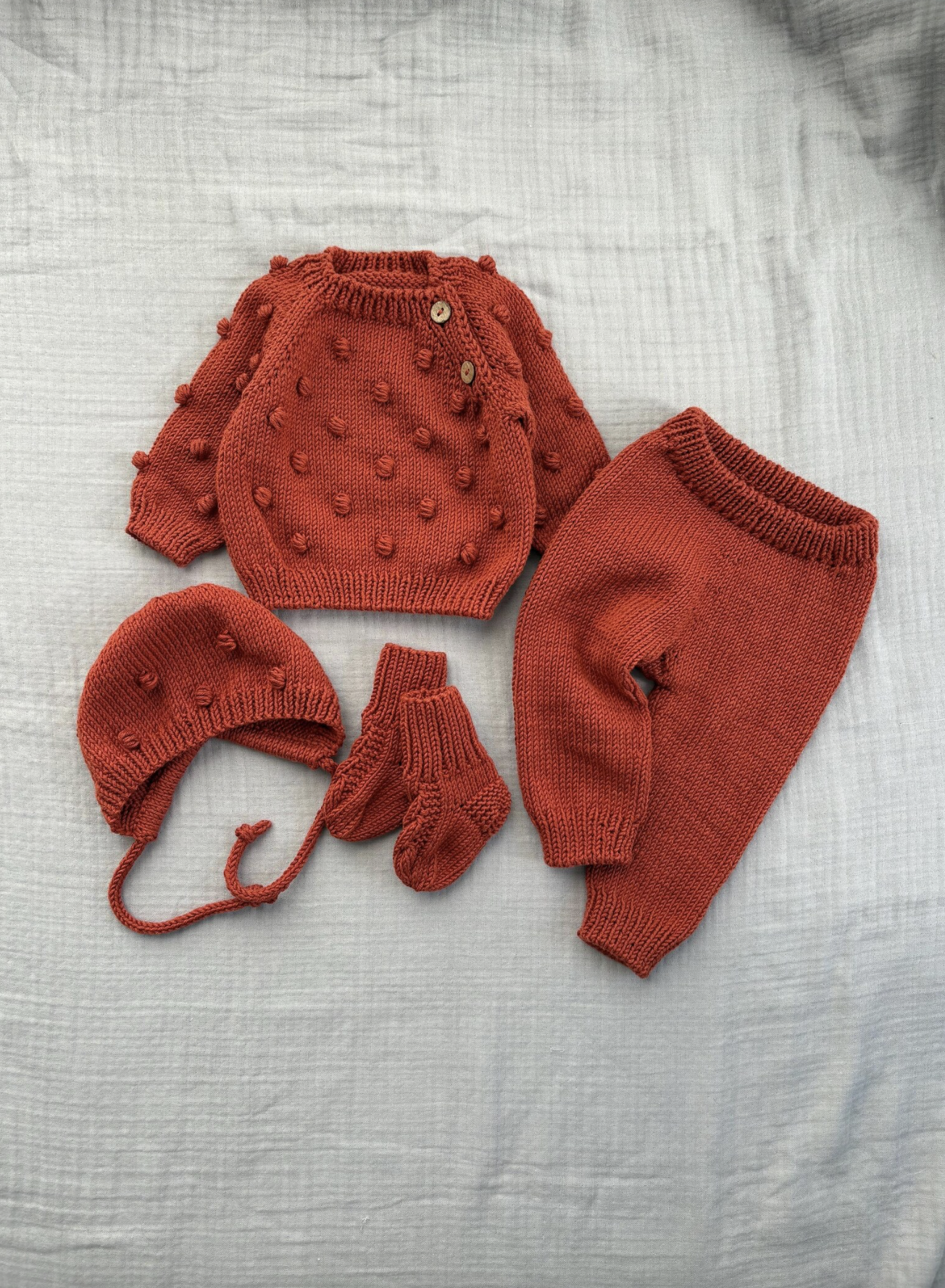 Hand Knitted Rust Baby Outfit Set: Sweater, Pants, Bonnet &amp; Booties 0-3 months