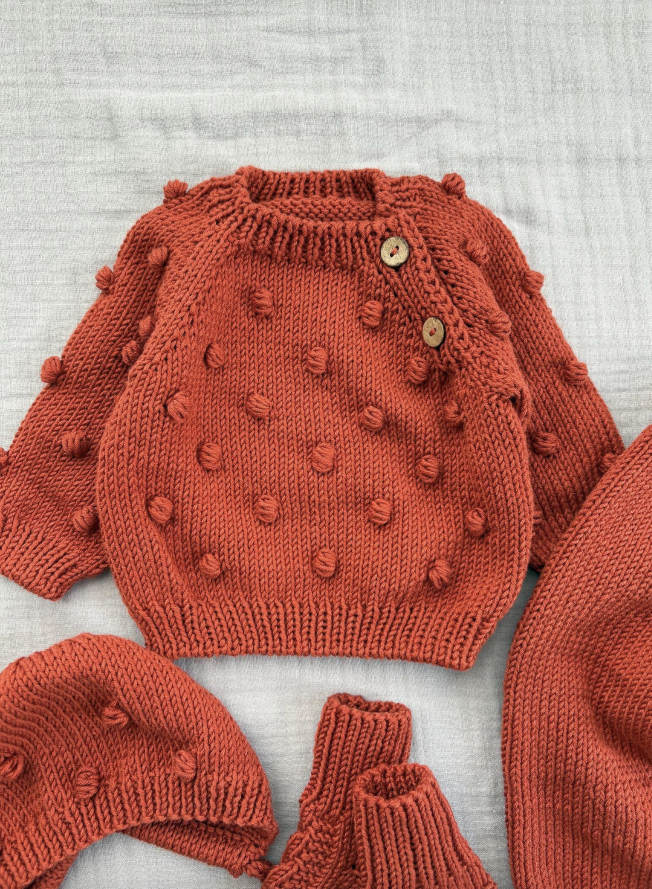 Hand Knitted Rust Baby Outfit Set: Sweater, Pants, Bonnet &amp; Booties 0-3 months