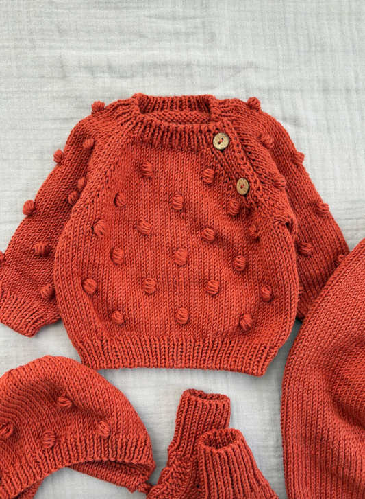 Hand Knitted Rust Baby Outfit Set: Sweater, Pants, Bonnet &amp; Booties 0-3 months